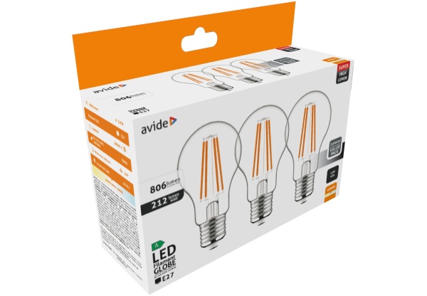 Avide LED Filament Globe 3.8W E27 NW 4000K Super High Lumen 3db/csomag Gömb