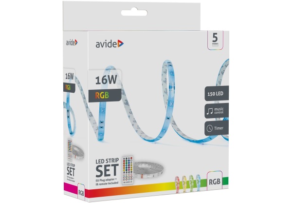 Avide LED Szalag Bliszter 12V 16W RGB 5m Zene vezérlés + IR távirányító Szettek