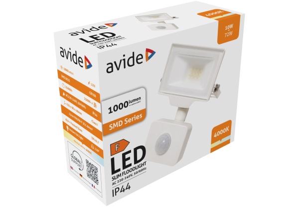 Avide LED Opál Reflektor Slim SMD 10W NW 4000K Mozgásérzékelős PIR Fehér Mozgásérzékelős