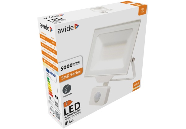 Avide LED Opál Reflektor Slim SMD 50W NW 4000K Mozgásérzékelős PIR Fehér Mozgásérzékelős