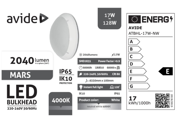 Avide Cseppálló Mennyezeti Lámpa Mars Kerek IP65 17W NW 4000K Fehér IP Védett