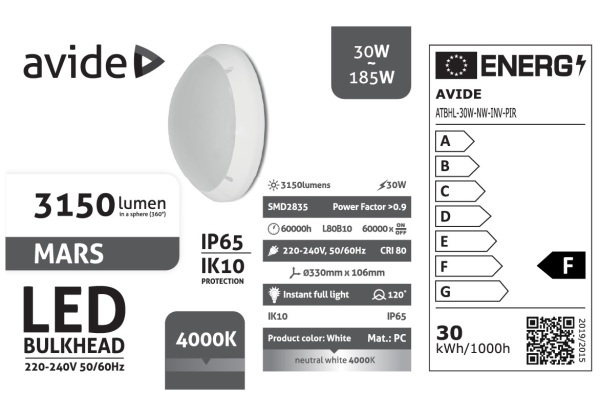 Avide Cseppálló Mennyezeti Lámpa Mars Kerek IP65 30W NW 4000K Fehér + Inverter IP Védett