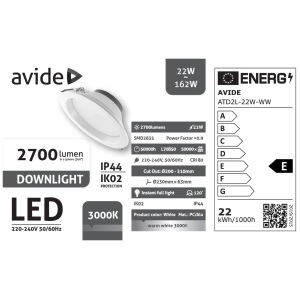 Avide LED Downlight Kerek IP44 22W 2700lm WW 3000K LED-es