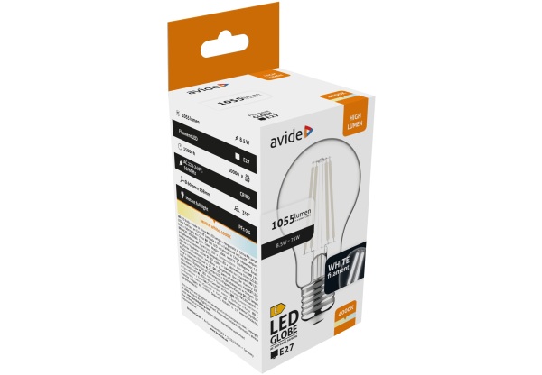 Avide LED White Filament Globe 8.5W E27 NW 4000K Gömb