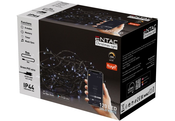 Entac Karácsonyi IP44 120 LED Füzér CW 9m Tuya APP Kültéri