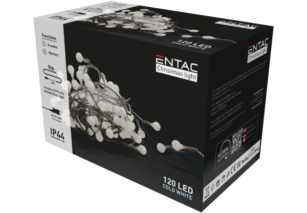 Entac Karácsonyi IP44  Fényfüzér 15mm Balls 120 LED 9m CW Kültéri