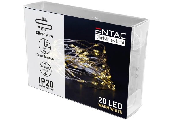 Entac Karácsonyi Beltéri Mini Drótfüzér 20 LED Időzítővel WW 1,1m (2×2032 tart.) Beltéri