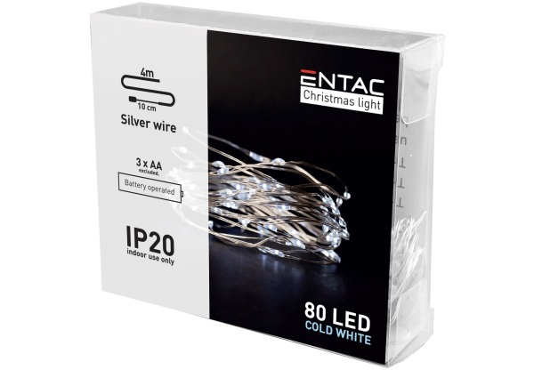 Entac Karácsonyi Beltéri Drótfüzér 80 LED CW 4,1m (3AA nt.) Beltéri