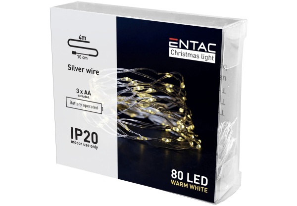 Entac Karácsonyi Beltéri Drótfüzér 80 LED WW 4,1m (3AA nt.) Beltéri