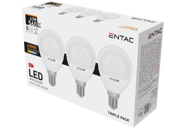 Entac LED Mini Globe E14 6,5W NW 4000K 3-Pack Mini Gömb