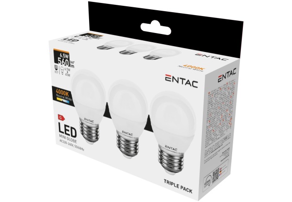 Entac LED Mini Globe E27 6,5W NW 4000K 3-Pack Mini Gömb